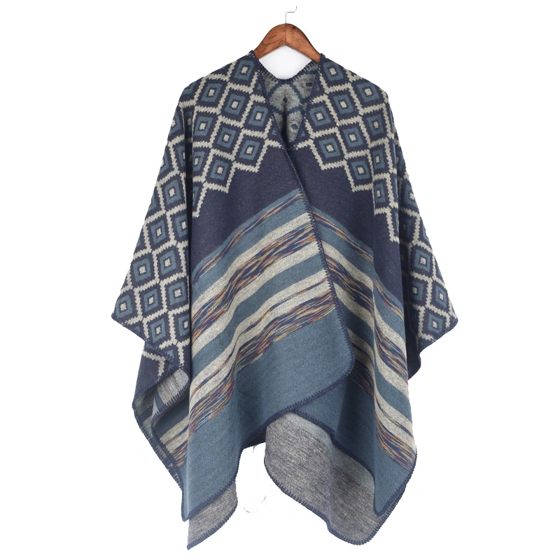 Stylish Thicken Wrap Blanket Winter Geometric Irregular Patterns Striped Split Women Shawl