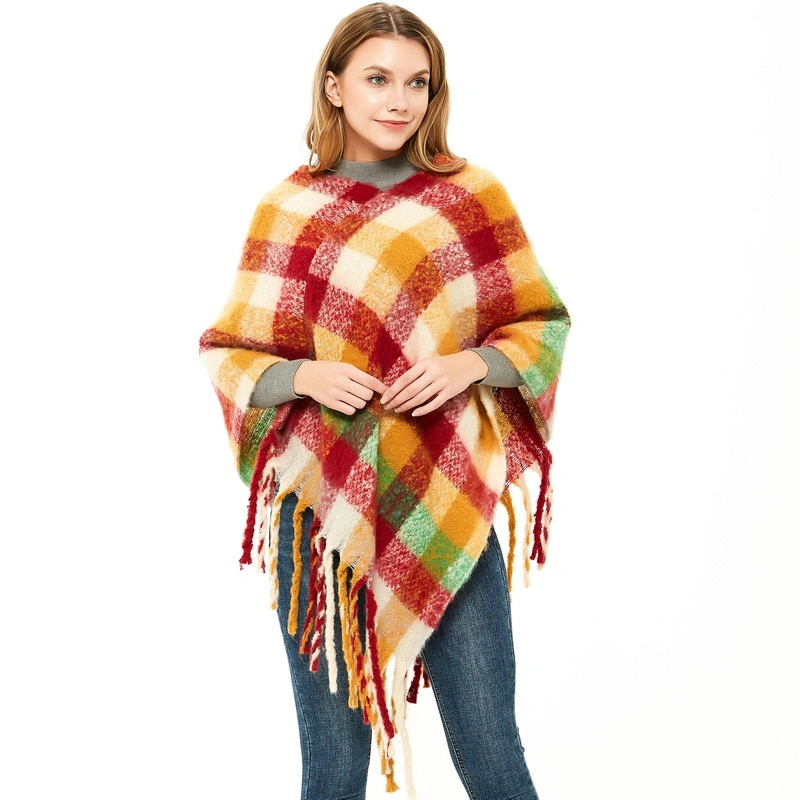 Custom Warm Ladies Checked Poncho Wrap Scarf