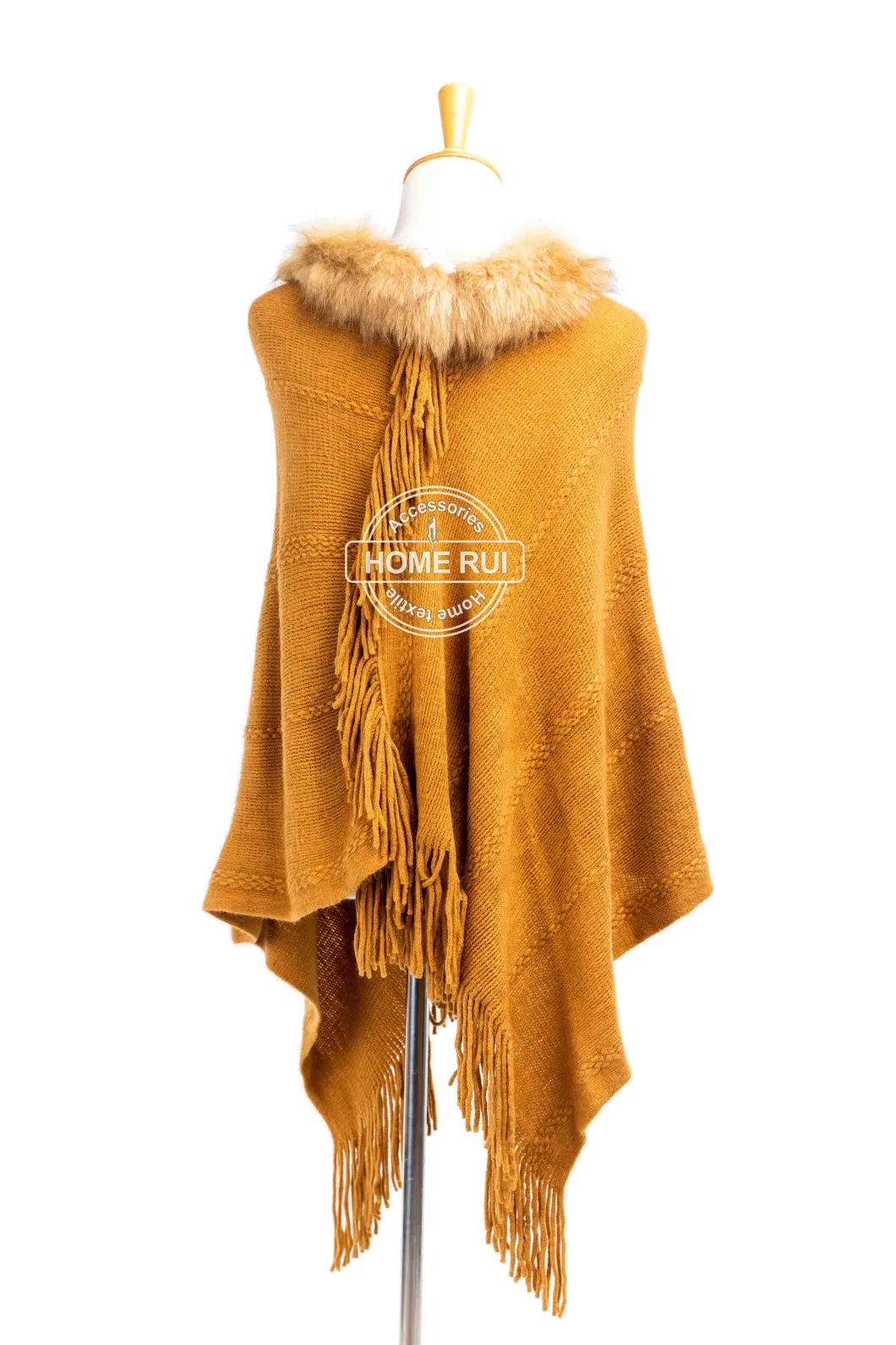 Spring Autumn Inter Woman Lady Warm Fashion Warp Knitting Mustard Acrylic Fake Fur Collar Pullover Oversize Fringe Wraps Ruffled Shawl Turtleneck Poncho