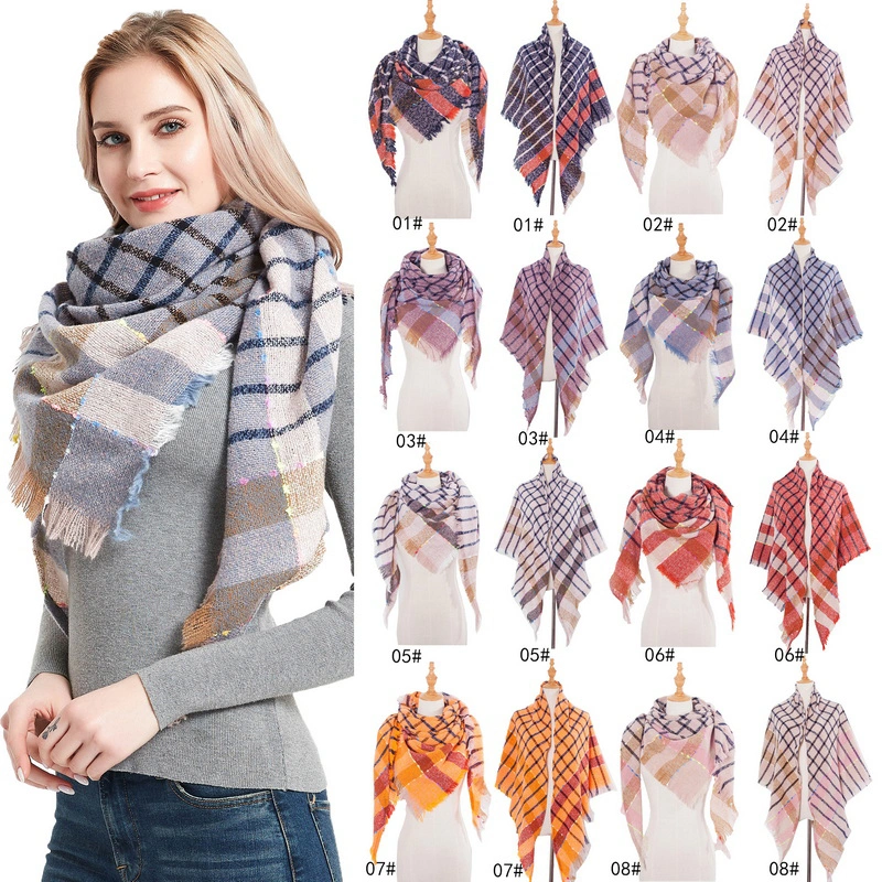 Custom Oversized Winter Plaid Print Triangular Scarf for Ladies