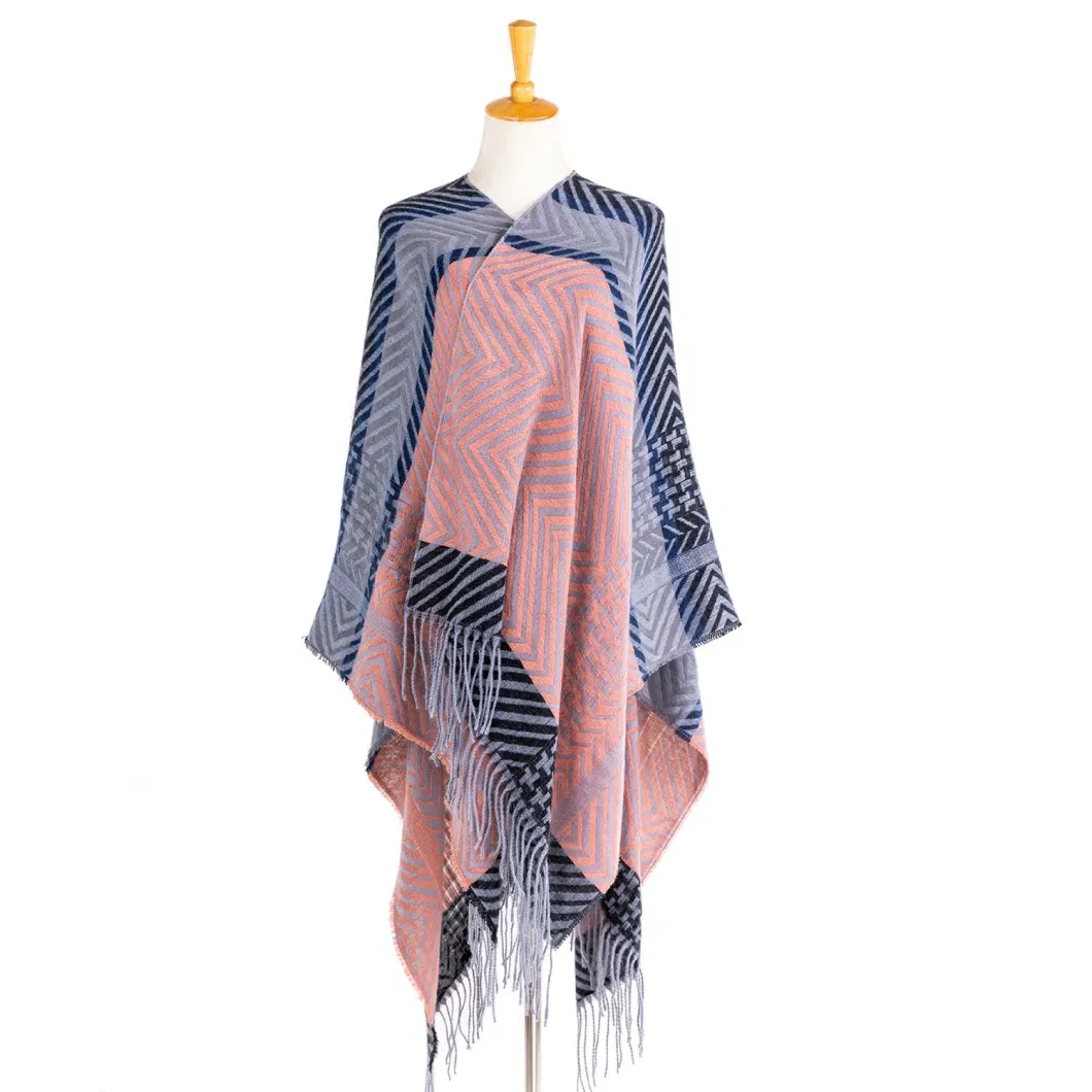 Lady Fashion Woven Outwear Navy Plus Coat Batwing Classic Multi Block Tassel Cozy Wraps Scottish Chequered Vintage Retro Cardigan Zigzag Stola Pallium Poncho