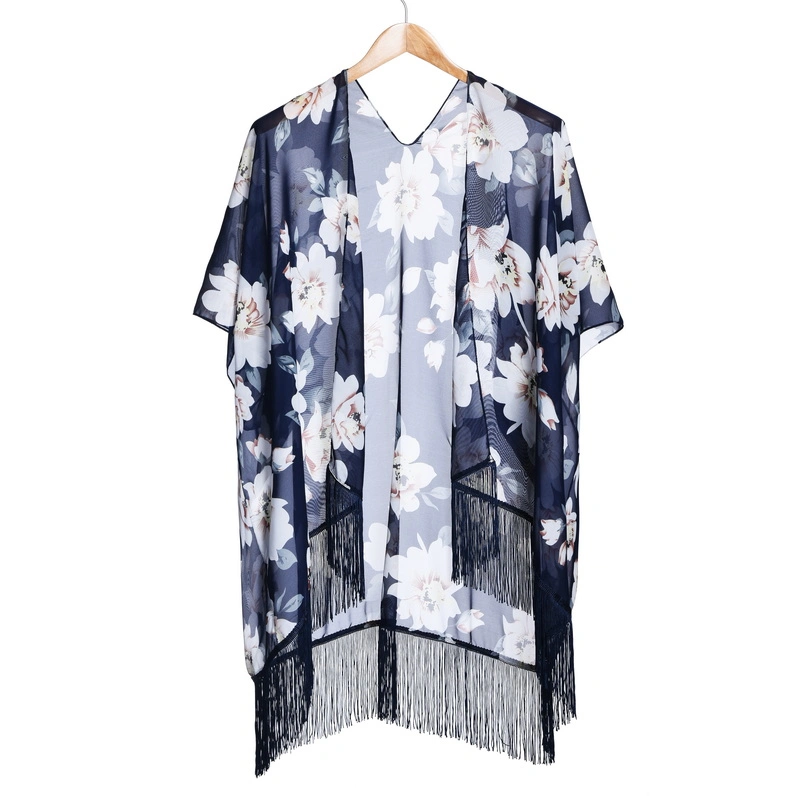 Women Beach Floral Print Chiffon Kimono Poncho with Tassel