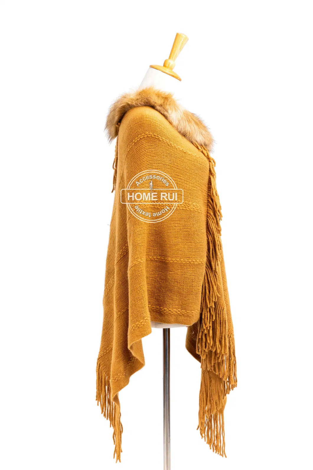 Spring Autumn Inter Woman Lady Warm Fashion Warp Knitting Mustard Acrylic Fake Fur Collar Pullover Oversize Fringe Wraps Ruffled Shawl Turtleneck Poncho