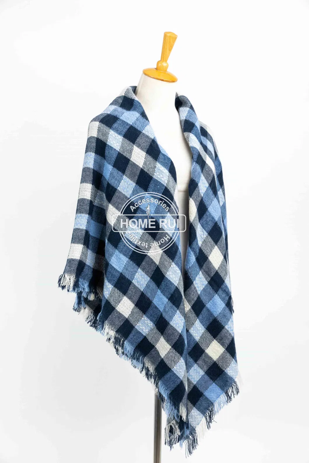 Wholesaler Outerwear Apparel Accessory Women Spring Winter Navy Short Fringe Checks Grid Tartan Warm Pashmina Windowpane Beach Headwear Blanket Scarf Shawl