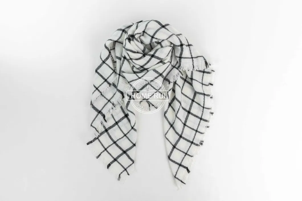 Custom Outerwear Outfit Apparel Accessory Unisex Spring Winter White Short Fringe Checks Grid Tartan Warm Pashmina Windowpane Beach Headwear Blanket Scarf Shawl