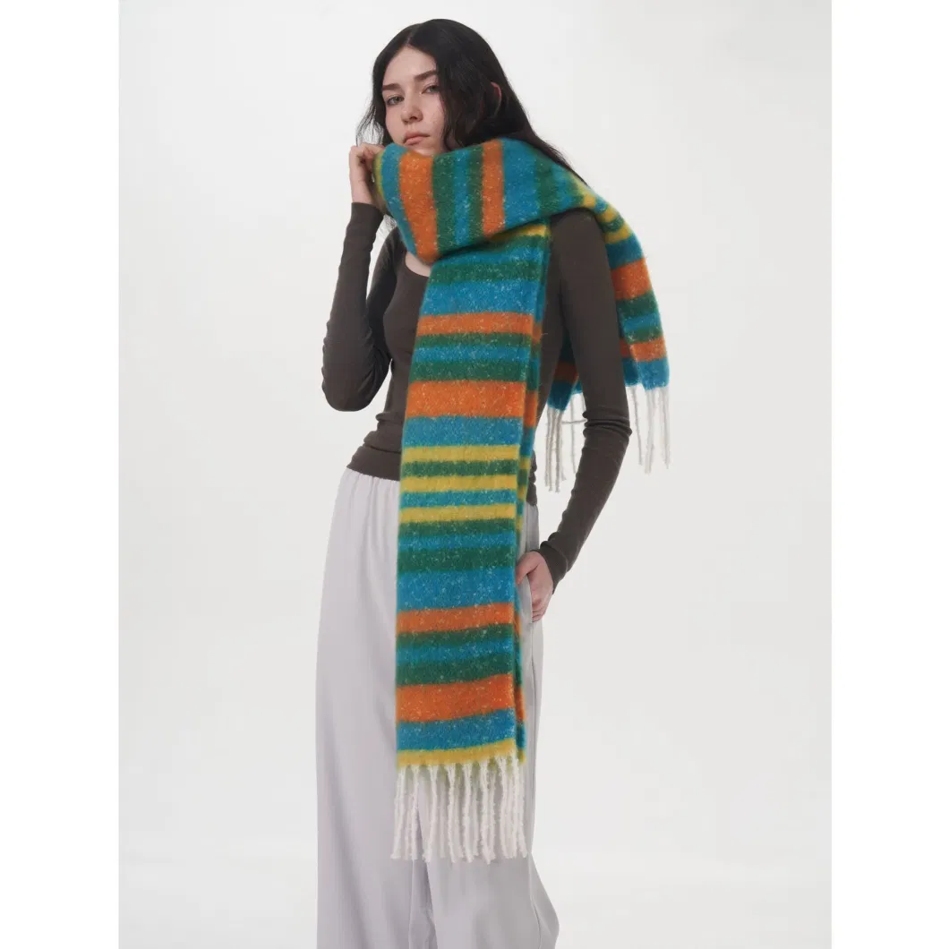 Mohair Knitted Striped Scarf Factory New Europe and The United States Foreign Trade Cross-Border Fall and Winter Imitation Cashmere Scarf Scarf Female