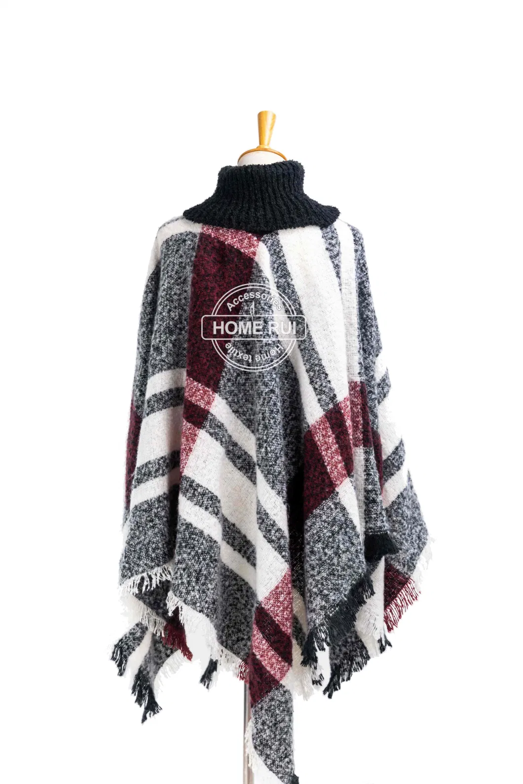 Spring Autumn Woman Lady Warm Fashion Woven Polyester Boucle Yarn Brushed Black Mixed Colour Fringe Pullover Wraps Grids Plaid Checks Shawl Turtleneck Poncho