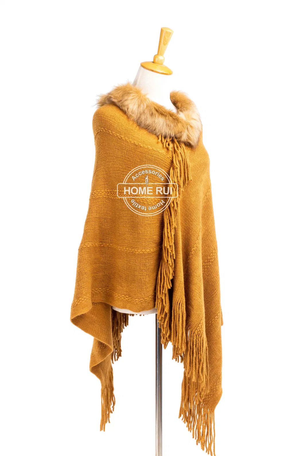 Spring Autumn Inter Woman Lady Warm Fashion Warp Knitting Mustard Acrylic Fake Fur Collar Pullover Oversize Fringe Wraps Ruffled Shawl Turtleneck Poncho