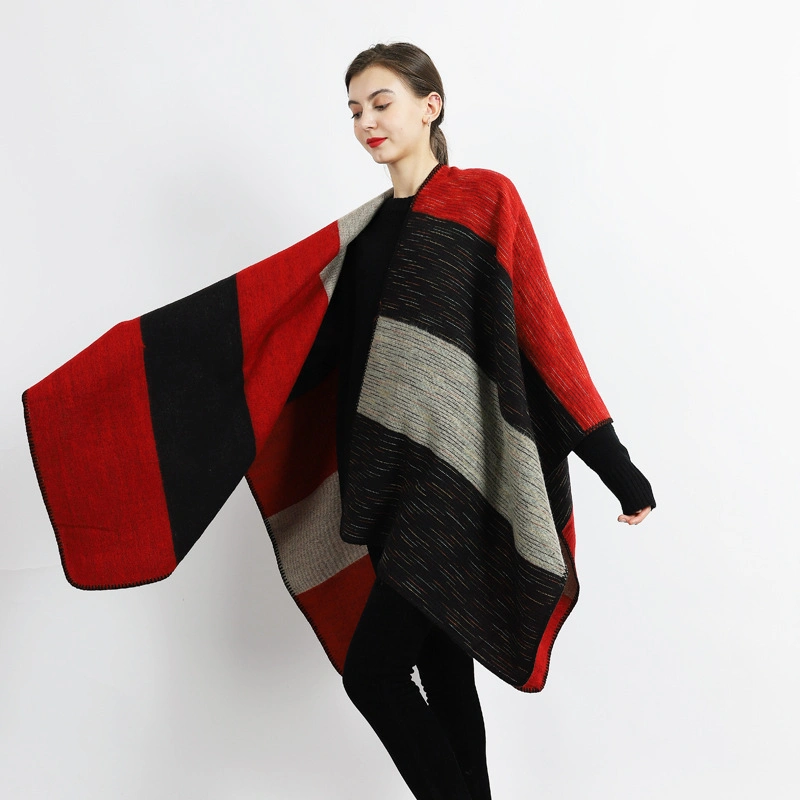 Oversized Thick Warm Striped Scarves Knit Shawl Cape Cardigan Shawl Women Poncho