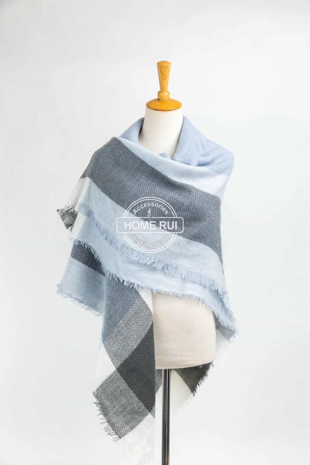 Wholesaler Outerwear Apparel Accessory Unisex Spring Winter Blue Acrylic Fringe Checks Grid Tartan Pashmina Windowpane Headwear Oversize Blanket Scarf Shawl