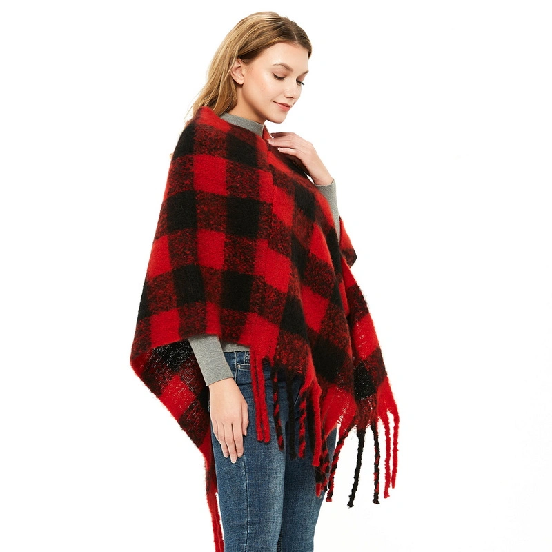 Stylish Thick Tartan Red and Black Plaid Poncho Wrap Shawl for Women