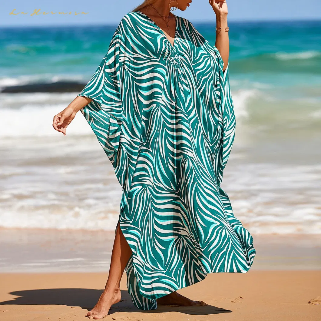 Women V-Neck Beach Swimwear Long Dresses Middle Braided Summer Multicolor Animal Texture Print Cotton Bikini Cover-up Lxf8772-0740