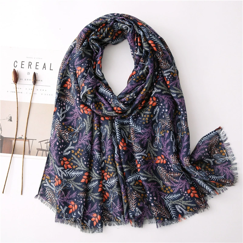 Lady&prime;s Chic Leaf Star Dragonfly Print Woven Shawl