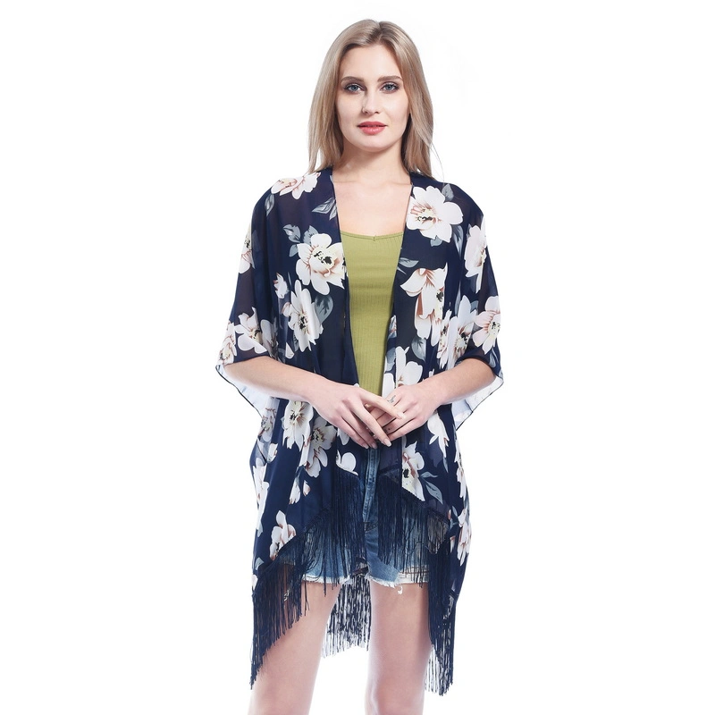 Women Beach Floral Print Chiffon Kimono Poncho with Tassel