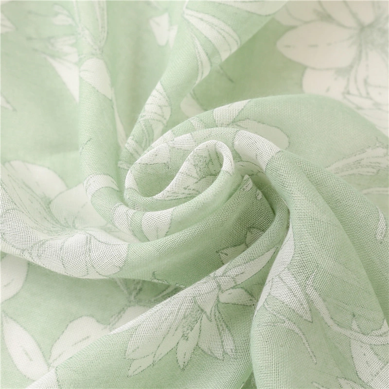 Plain Elegant Simple Style Cotton and Linen Feel Ladies Light Green Flowers Handmade Fringed Gauze Lady Scarf