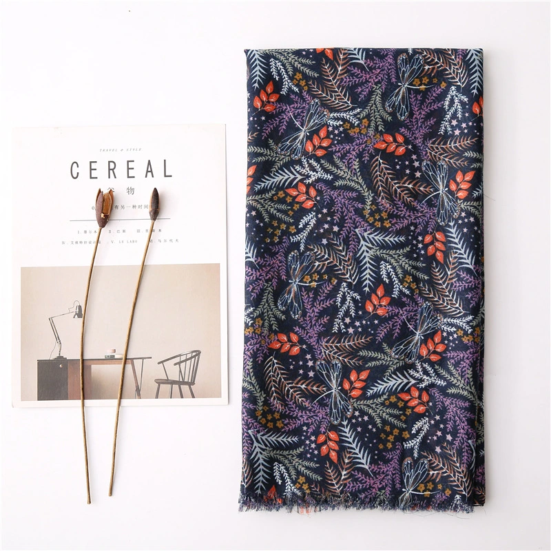 Lady&prime;s Chic Leaf Star Dragonfly Print Woven Shawl