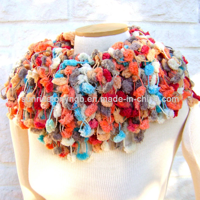 Winter Novelty Patterns Acrylic Wool POM-POM Yarn Knitted Scarf