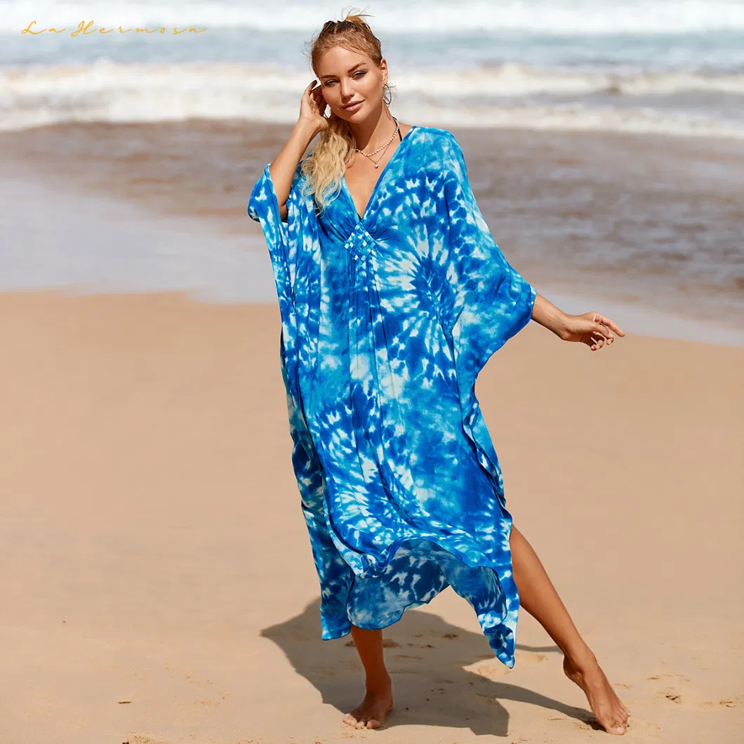 Women V-Neck Beach Swimwear Long Dresses Middle Braided Summer Multicolor Animal Texture Print Cotton Bikini Cover-up Lxf8772-0740