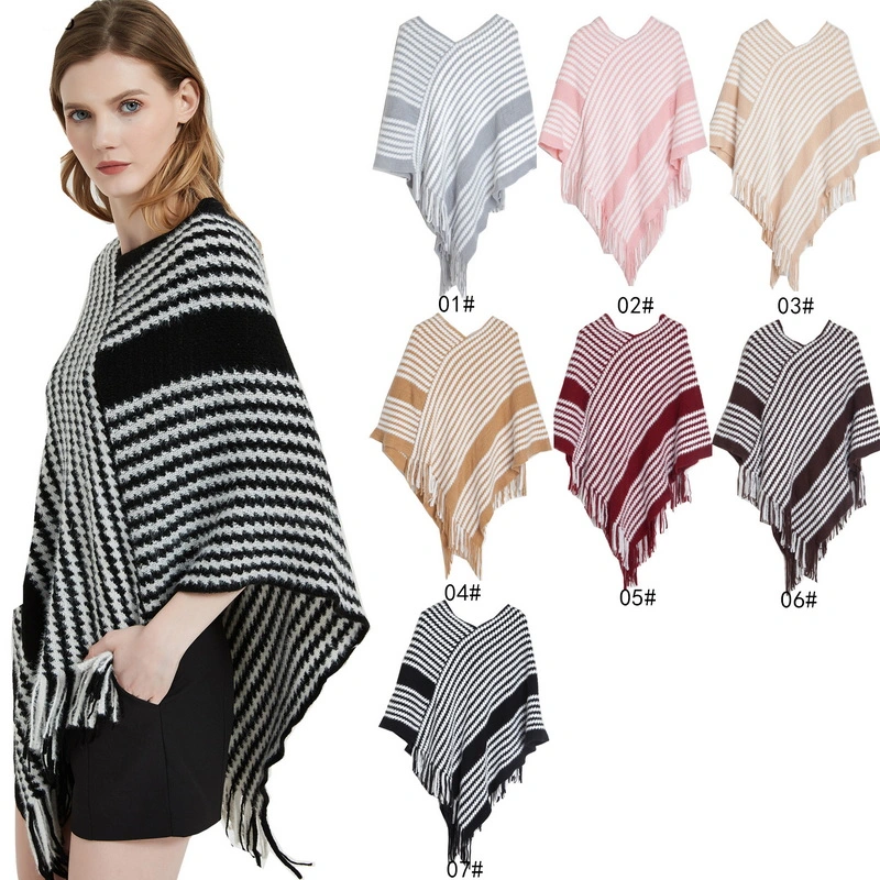 Custom Ladies Striped Pattern Winter Poncho Cape Shawl