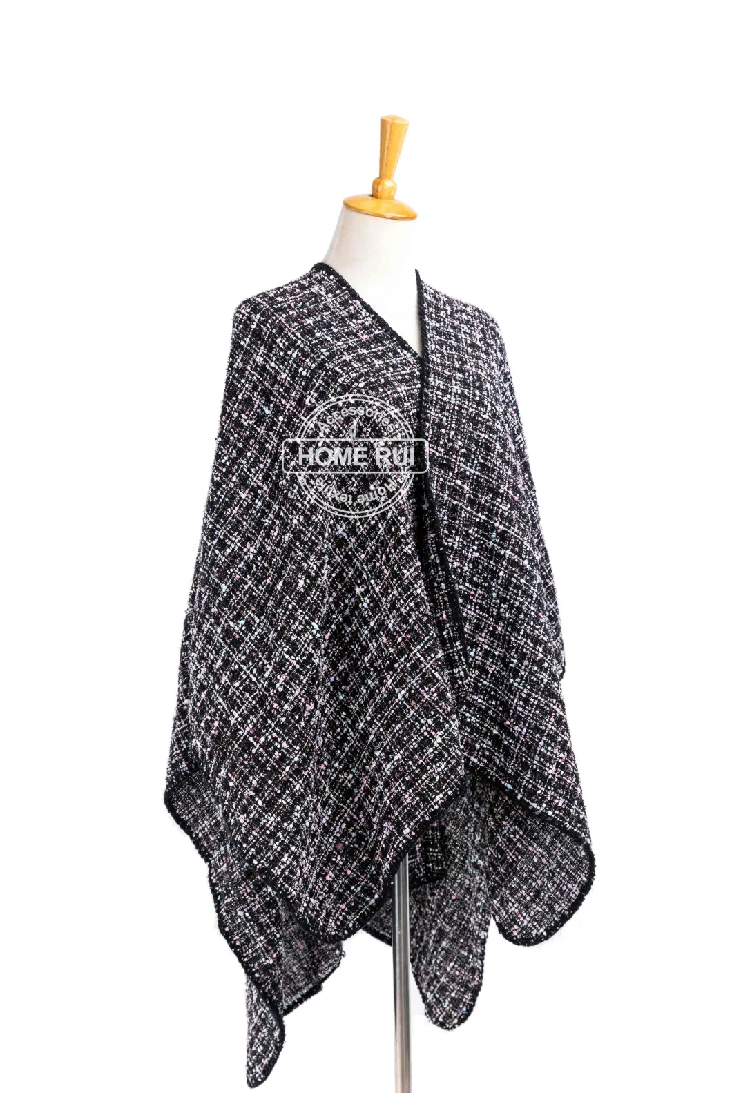 Spring Autumn Woman Lady Warm Fashion Acrylic Woven Black Mixed Colourful Blended Yarn Wraps Grids Plaid Checks Shawl Poncho Pallium