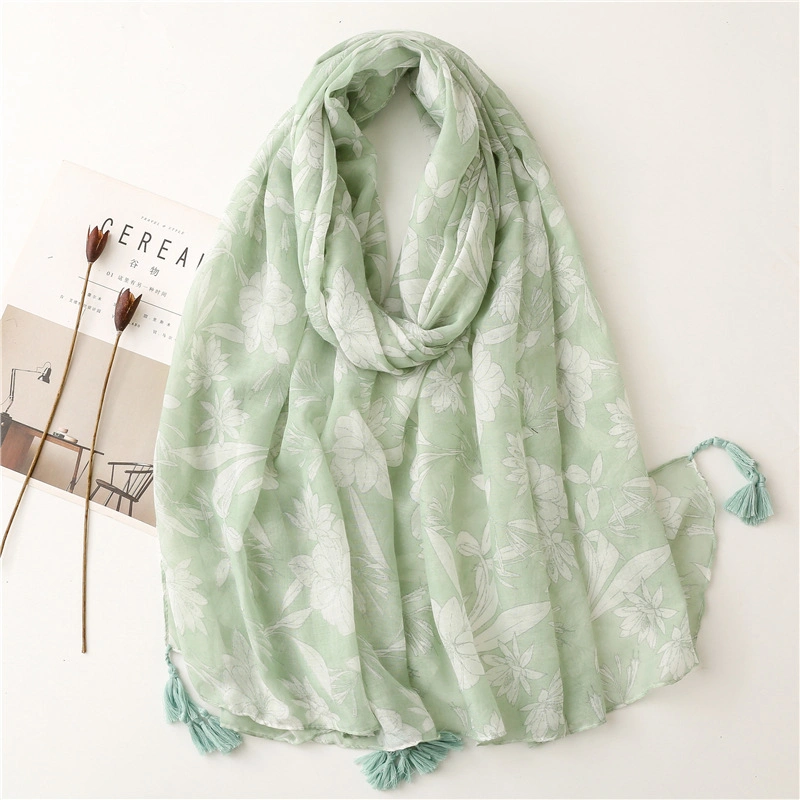 Plain Elegant Simple Style Cotton and Linen Feel Ladies Light Green Flowers Handmade Fringed Gauze Lady Scarf