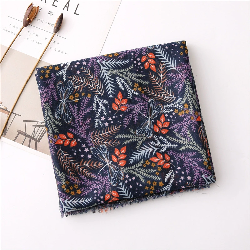 Lady&prime;s Chic Leaf Star Dragonfly Print Woven Shawl