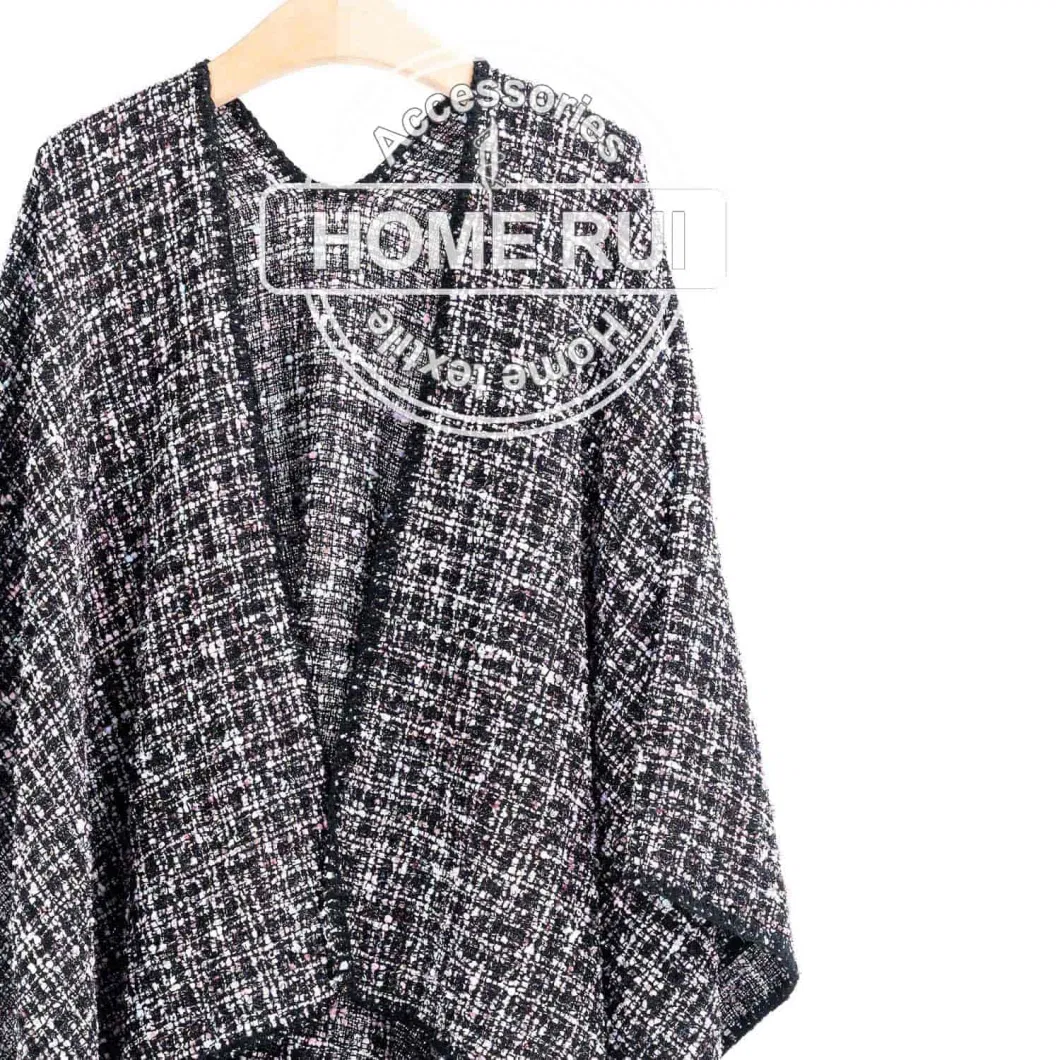 Spring Autumn Woman Lady Warm Fashion Acrylic Woven Black Mixed Colourful Blended Yarn Wraps Grids Plaid Checks Shawl Poncho Pallium