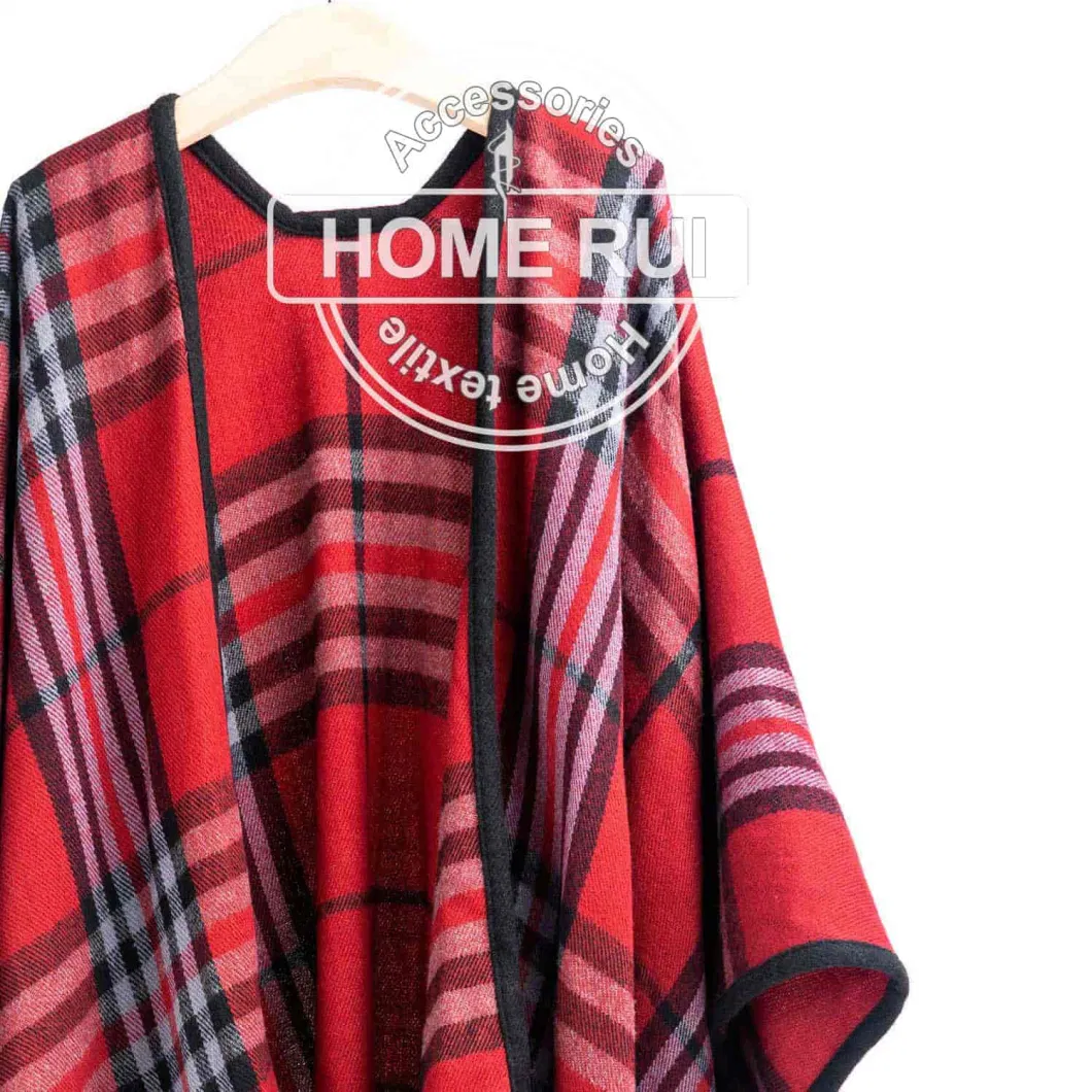 Spring Autumn Woman Lady Warm Fashion Acrylic Woven Red Black Mixed Yarn Wraps Grids Plaid Checks Shawl Poncho Pallium