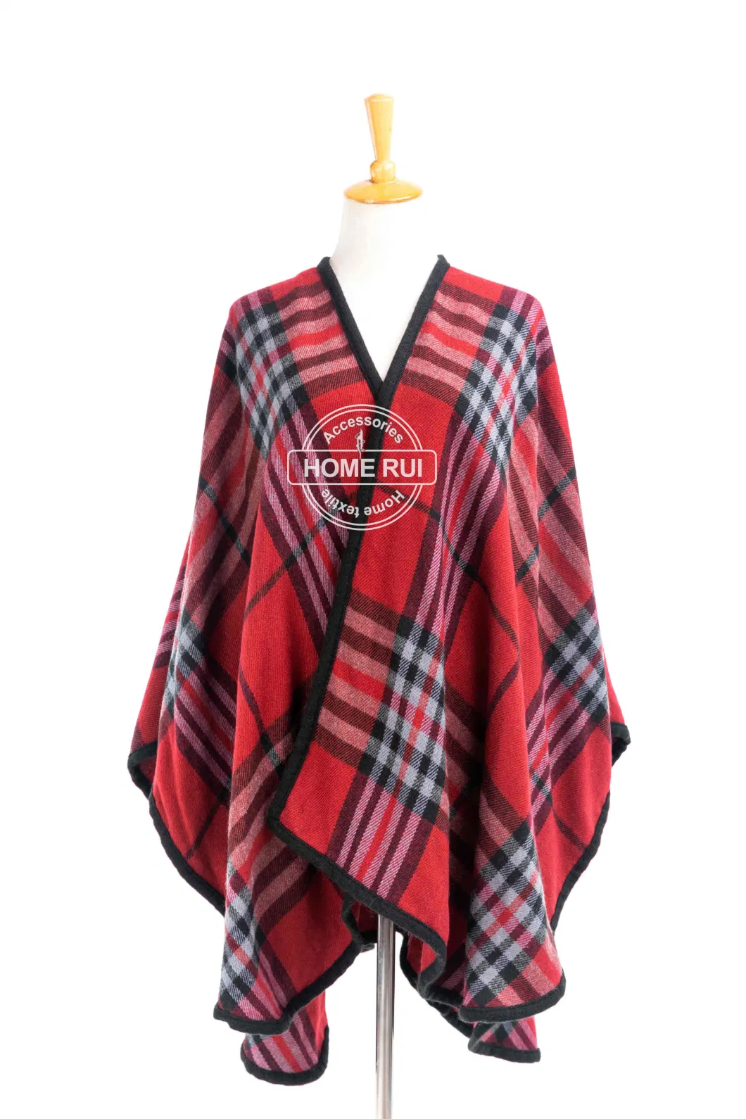 Spring Autumn Woman Lady Warm Fashion Acrylic Woven Red Black Mixed Yarn Wraps Grids Plaid Checks Shawl Poncho Pallium