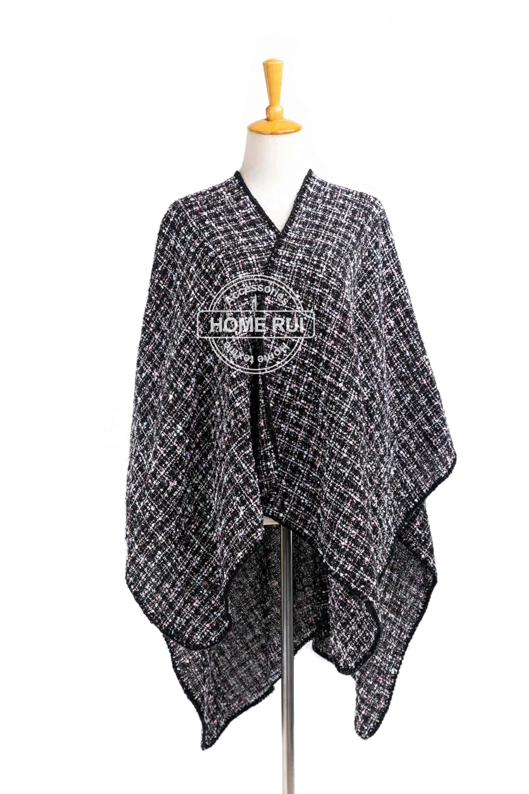 Spring Autumn Woman Lady Warm Fashion Acrylic Woven Black Mixed Colourful Blended Yarn Wraps Grids Plaid Checks Shawl Poncho Pallium