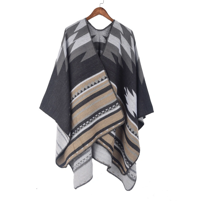 Hot Red Striped Acrylic Poncho Shawl Geometric Jacquard Pattern Print Women Cape