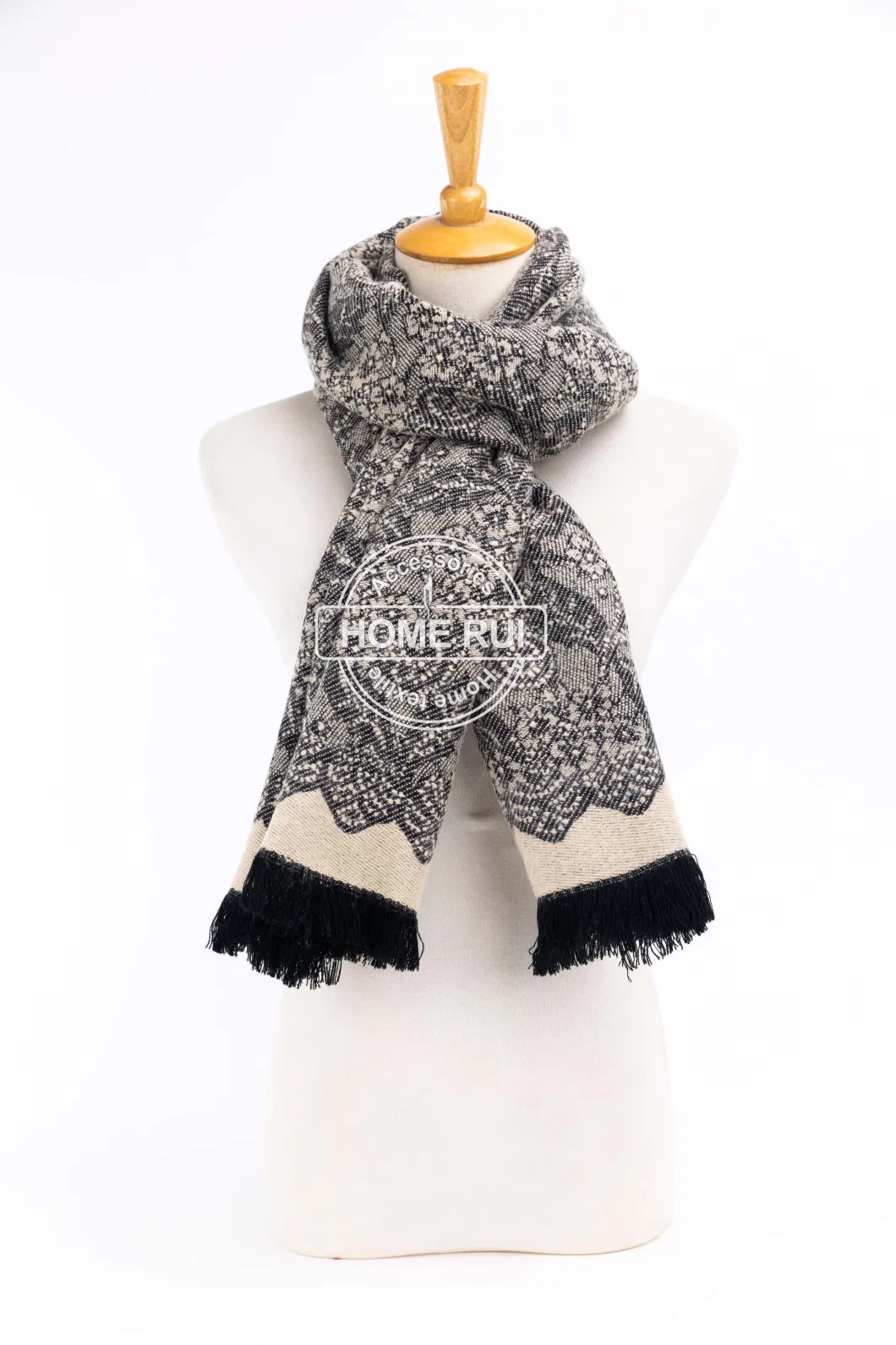 Fashion Accessory Women Winter Pink Grey Acrylic Woven Fringe Lace Jacquard Flower Floral Design Long Scarf