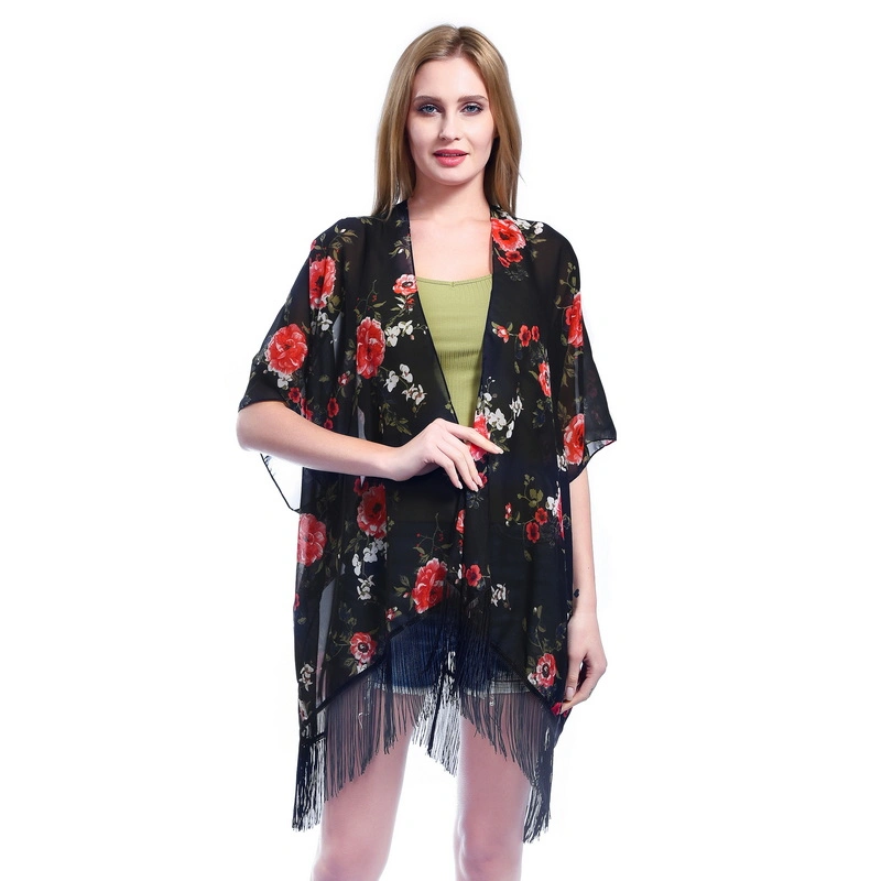 Women Chic Summer Chiffon Cover UPS Poncho with Tassel