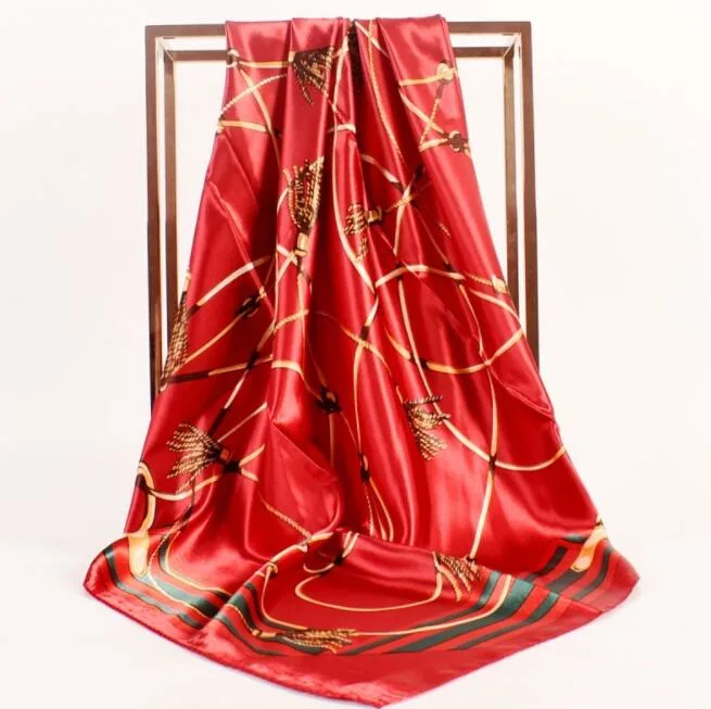 New Printed Fashion Chain Design Large Square Satin Lady Silk Scarves