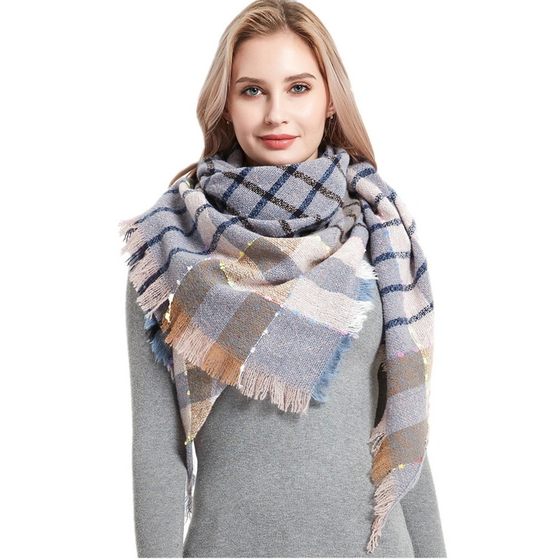 Custom Oversized Winter Plaid Print Triangular Scarf for Ladies