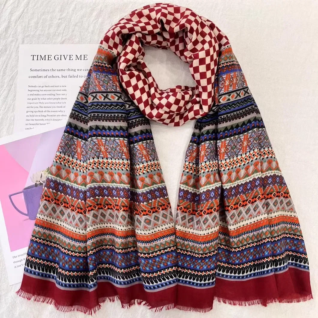 Printed Hijab Block Geometric Cotton Tassel Shawl