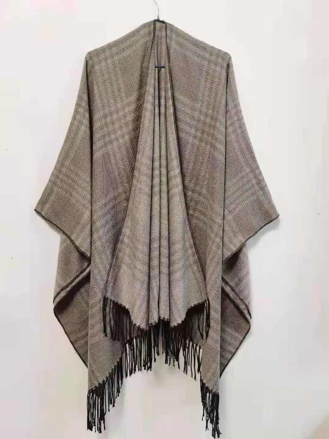 Plaid Jacquard Simple Wrap Checked Shawl Thick Poncho Fringe Tassels Women Cape