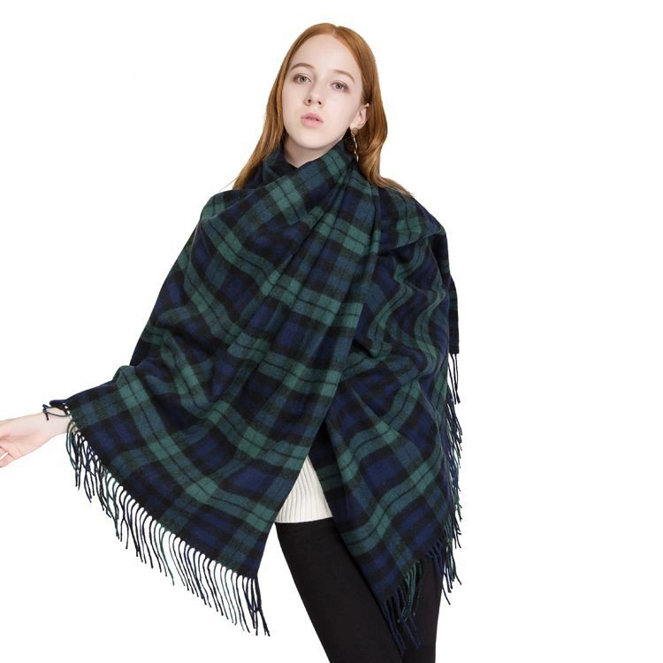 New Blue Green Checkered Shawl Thick Warm Wool Women&prime;s Scarf