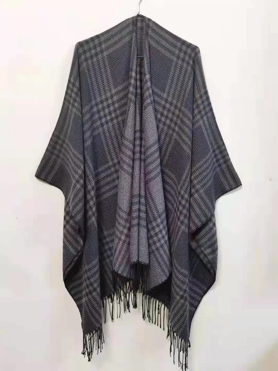 Plaid Jacquard Simple Wrap Checked Shawl Thick Poncho Fringe Tassels Women Cape