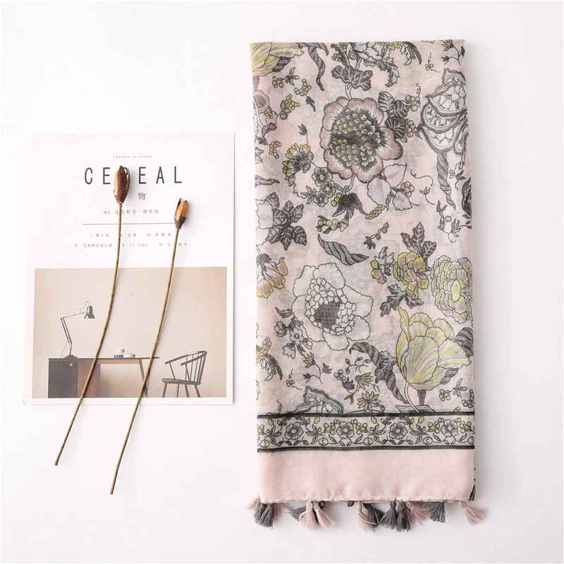 Rosa Print Scarf Female New Floral Pattern Spring Autumn High Quality Shawl Fashionable Temperament All-Match Tassels Scarf