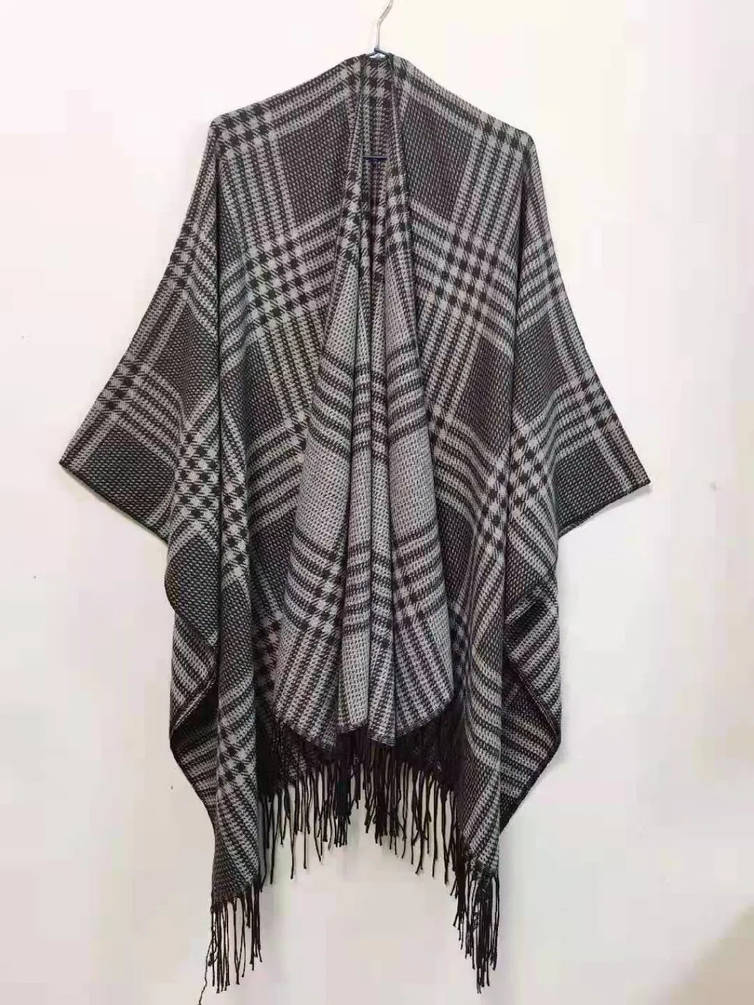 Plaid Jacquard Simple Wrap Checked Shawl Thick Poncho Fringe Tassels Women Cape