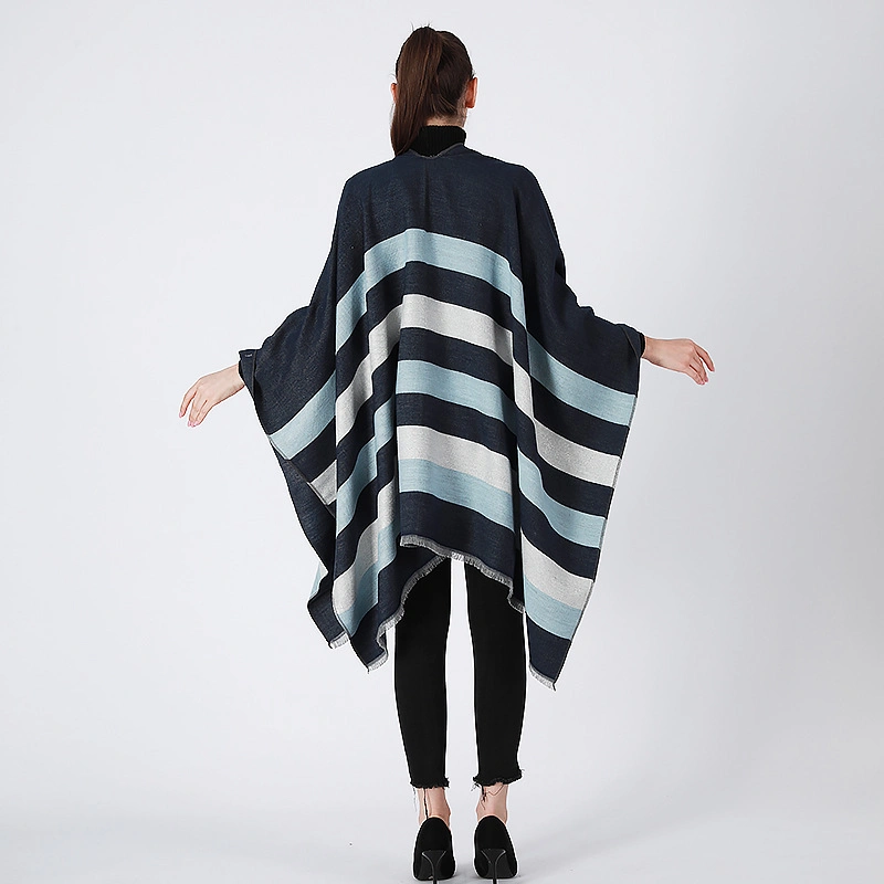 Classic Striped Wrap Poncho Soft Warm Scarf Cape Women Split Shawl