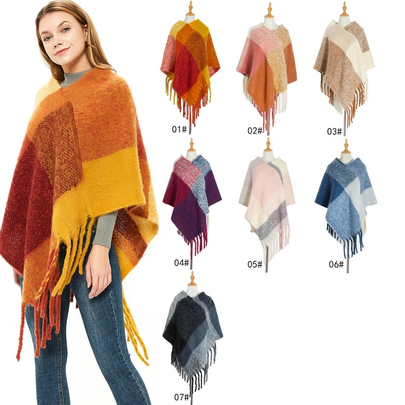 Stylish Warm Ladies Plaid Poncho Shawl Cape with Tassel