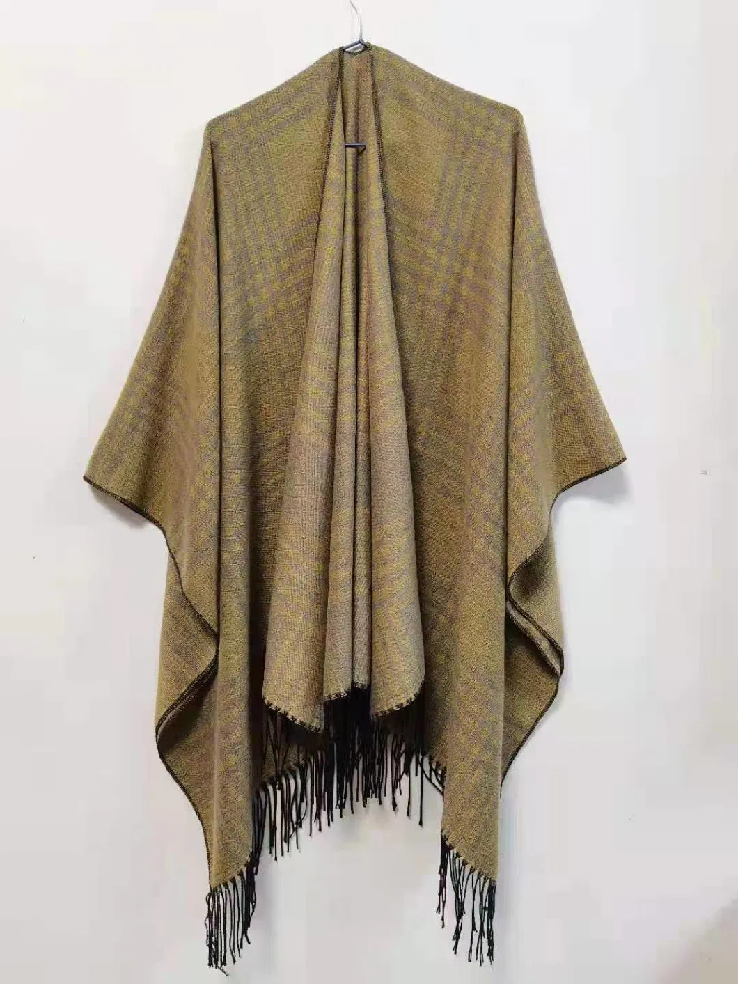 Plaid Jacquard Simple Wrap Checked Shawl Thick Poncho Fringe Tassels Women Cape