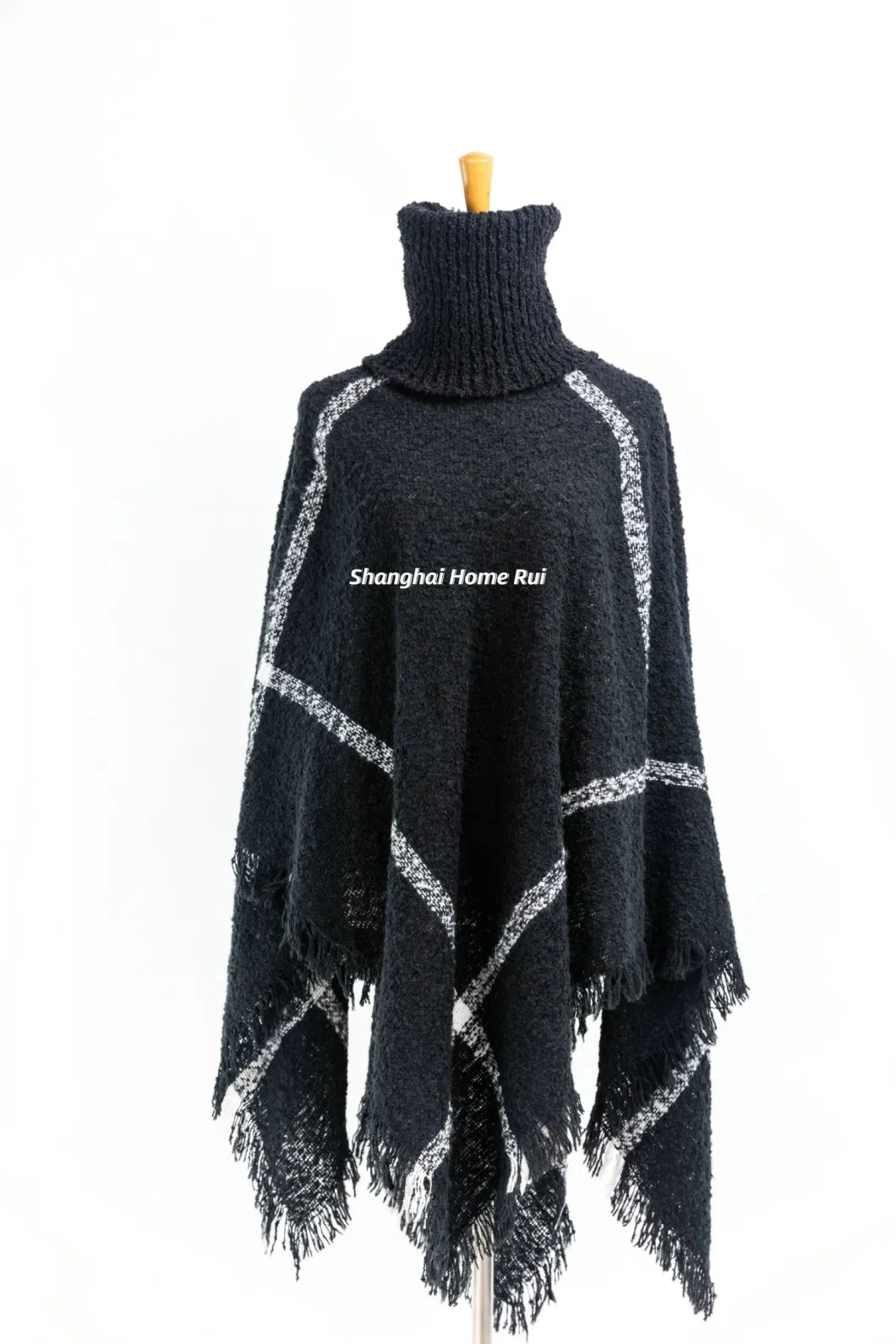 Spring Autumn Woman Lady Warm Fashion Woven Acrylic Boucle Yarn Brushed Black Fringe Pullover Wraps Grids Plaid Checks Shawl Turtleneck Poncho