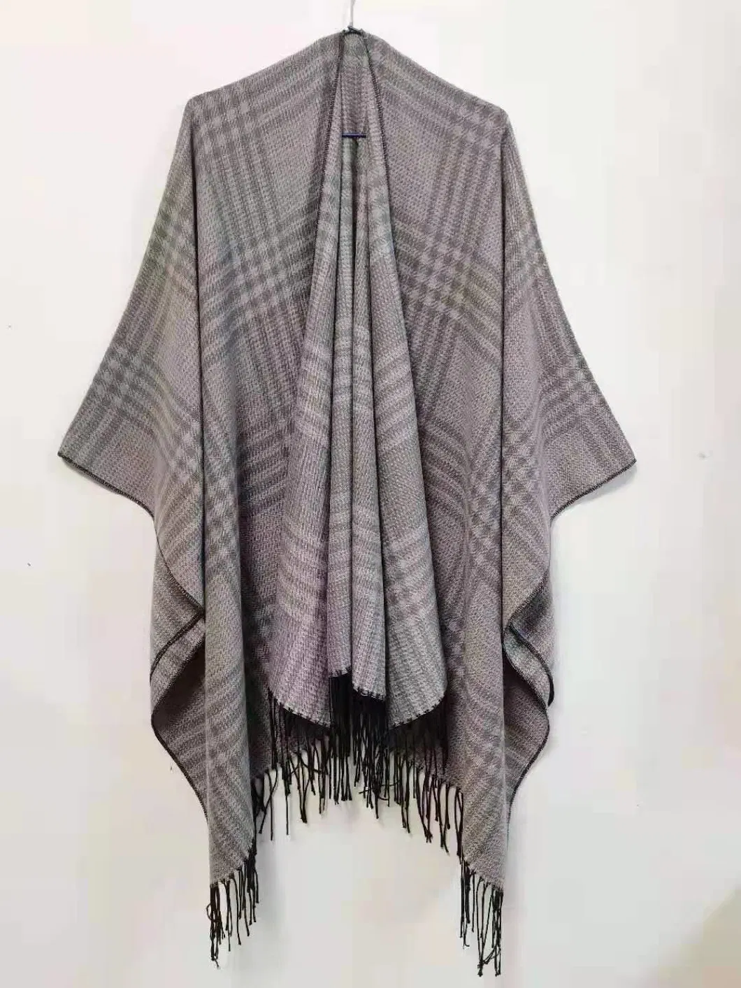 Plaid Jacquard Simple Wrap Checked Shawl Thick Poncho Fringe Tassels Women Cape