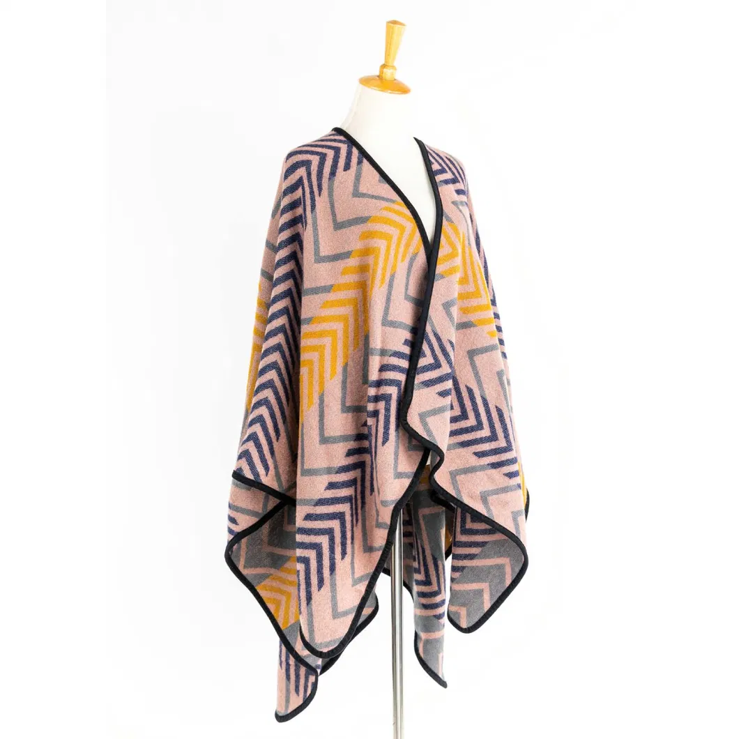 Apparel Women Open Front Winter Knitted Reversible Printed Oversized Geometric Pink Striped Lined Sweater Bohemian Cardigan Tartan Zigzag Cloak Cape Poncho