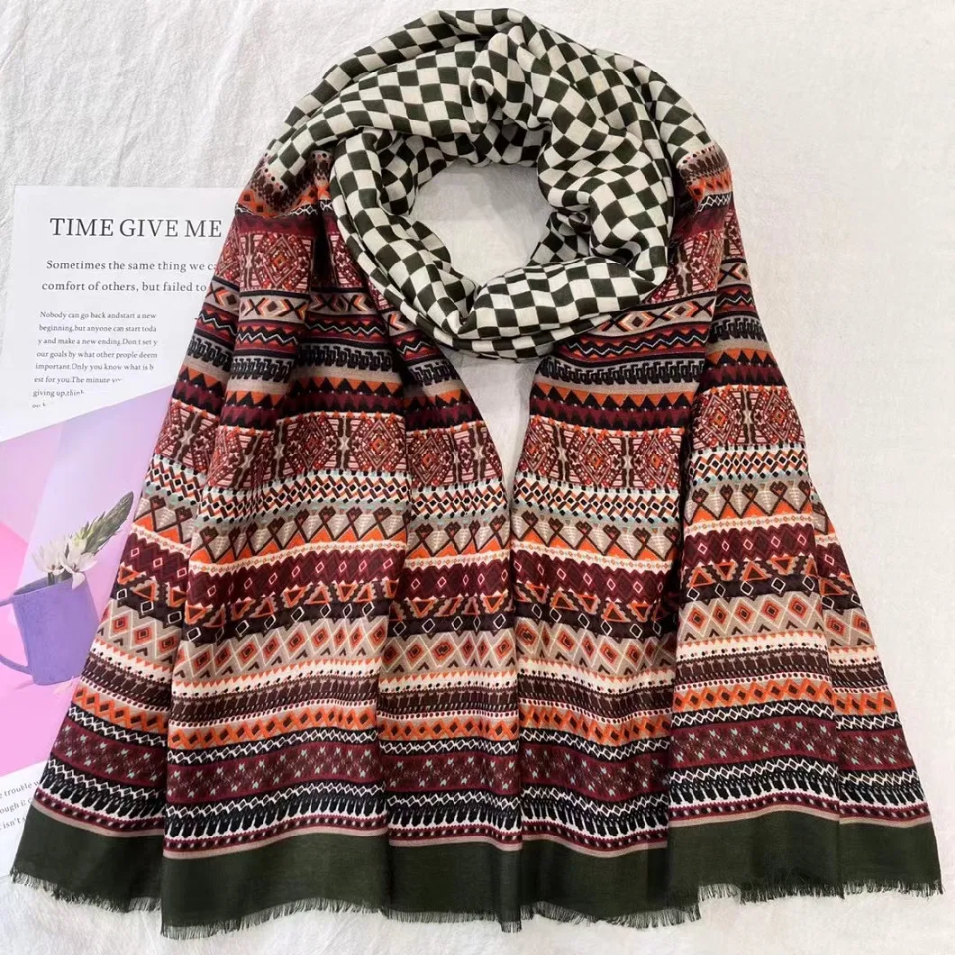 Printed Hijab Block Geometric Cotton Tassel Shawl