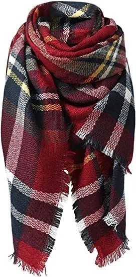 Women&prime;s Tassel Fall Winter Classic Plaid Warm Shawl Wrap Large Soft Chunky Blanket Scarves