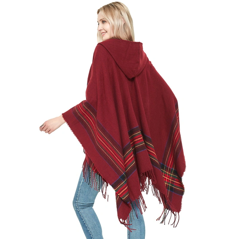 Hot Sale Custom Warm Ladies Hooded Poncho Cape Shawl